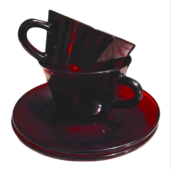 Vintage 50s 60s Cafe Royal Ruby Blood Red Glass Cups and Saucers Set Tea Coffee - Picture 1 of 14